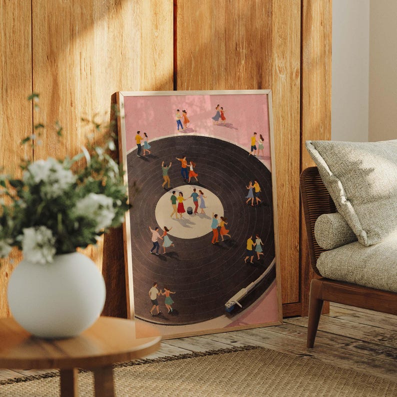 Vinyl Record Player Art Print, Dancing People Poster, Retro Music Wall Art, Dance Floor Illustration, Music Lover Decor, Physical, Unframed