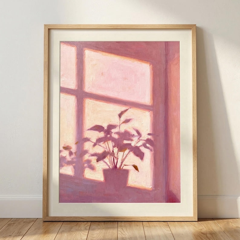 Soft Window Light Painting, Abstract Plant Silhouette Art, Muted Pink Home Decor(Digital Download)