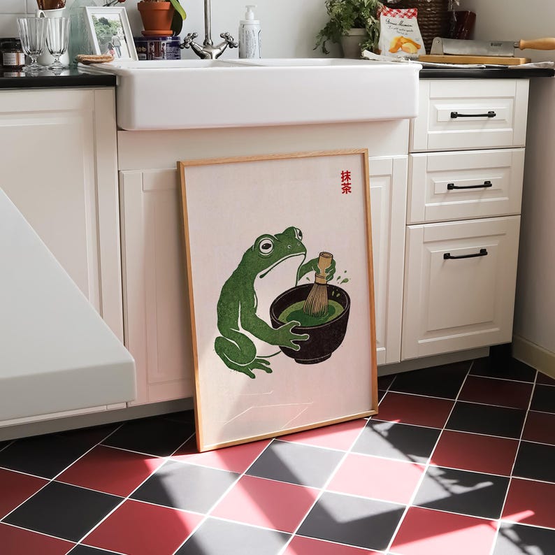 Matcha Frog Wall Art, Japanese Style Poster, Cute Frog Illustration, Japandi Aesthetic Wall Art, Matcha Lover Gift, Trendy Kitchen Decor
