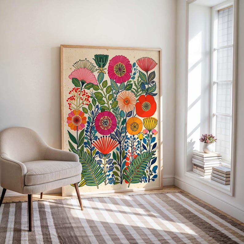 Colorful Floral Scandinavian Folk Art Print, Retro Botanical Poster, Maximalist Garden Artwork