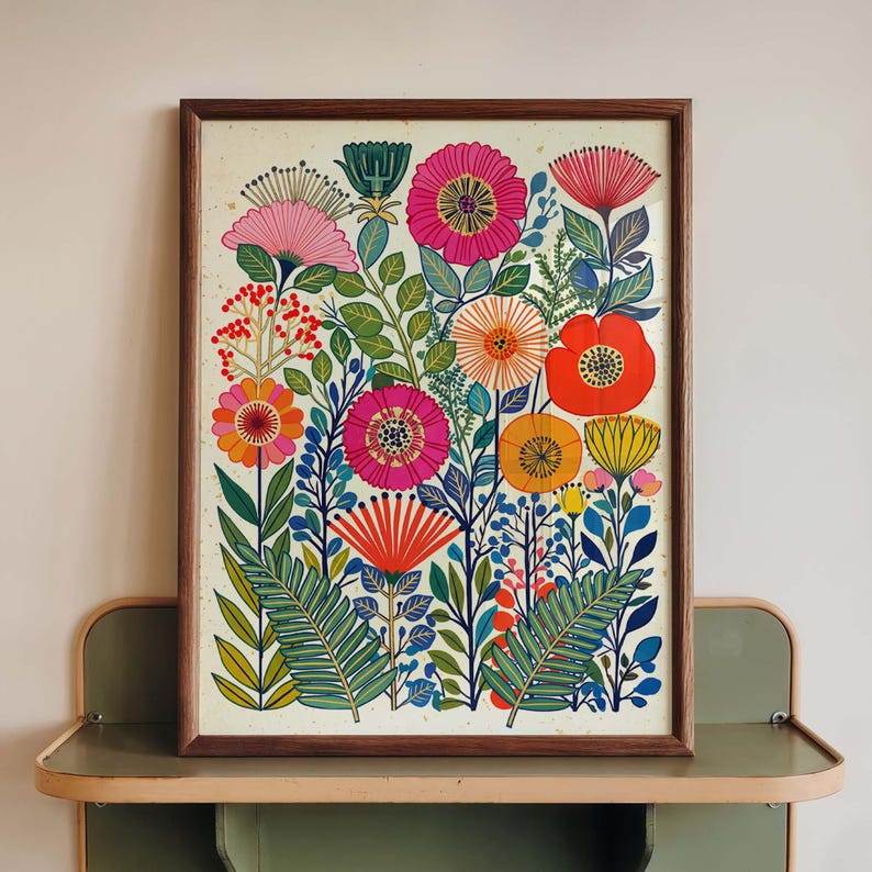 Colorful Floral Scandinavian Folk Art Print, Retro Botanical Poster, Maximalist Garden Artwork