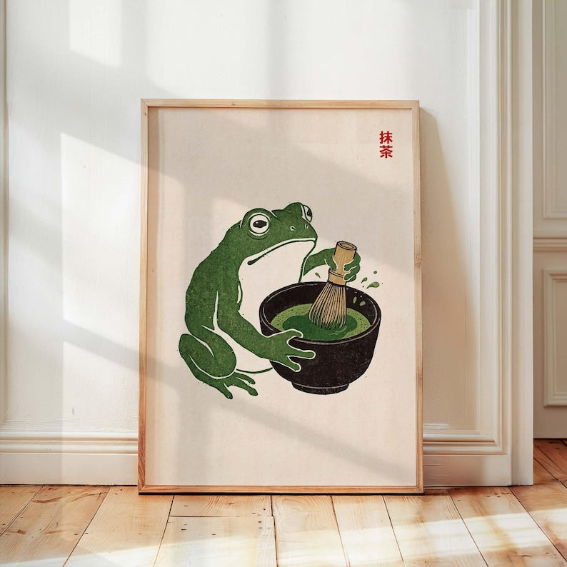 Matcha Frog Wall Art, Japanese Style Poster, Cute Frog Illustration, Japandi Aesthetic Wall Art, Matcha Lover Gift, Trendy Kitchen Decor