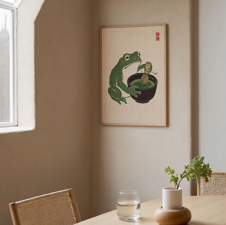 Matcha Frog Wall Art, Japanese Style Poster, Cute Frog Illustration, Japandi Aesthetic Wall Art, Matcha Lover Gift, Trendy Kitchen Decor