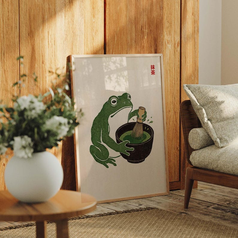 Matcha Frog Wall Art, Japanese Style Poster, Cute Frog Illustration, Japandi Aesthetic Wall Art, Matcha Lover Gift, Trendy Kitchen Decor