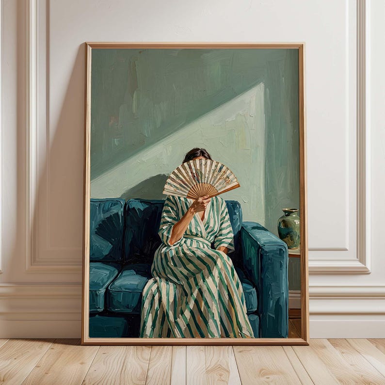Woman with Fan Wall Art Print, Moody Figurative Poster, Green Blue Lounge Painting, Elegant Modern Interior Decor