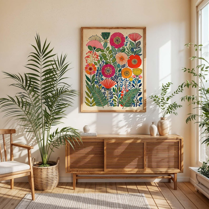 Colorful Floral Scandinavian Folk Art Print, Retro Botanical Poster, Maximalist Garden Artwork