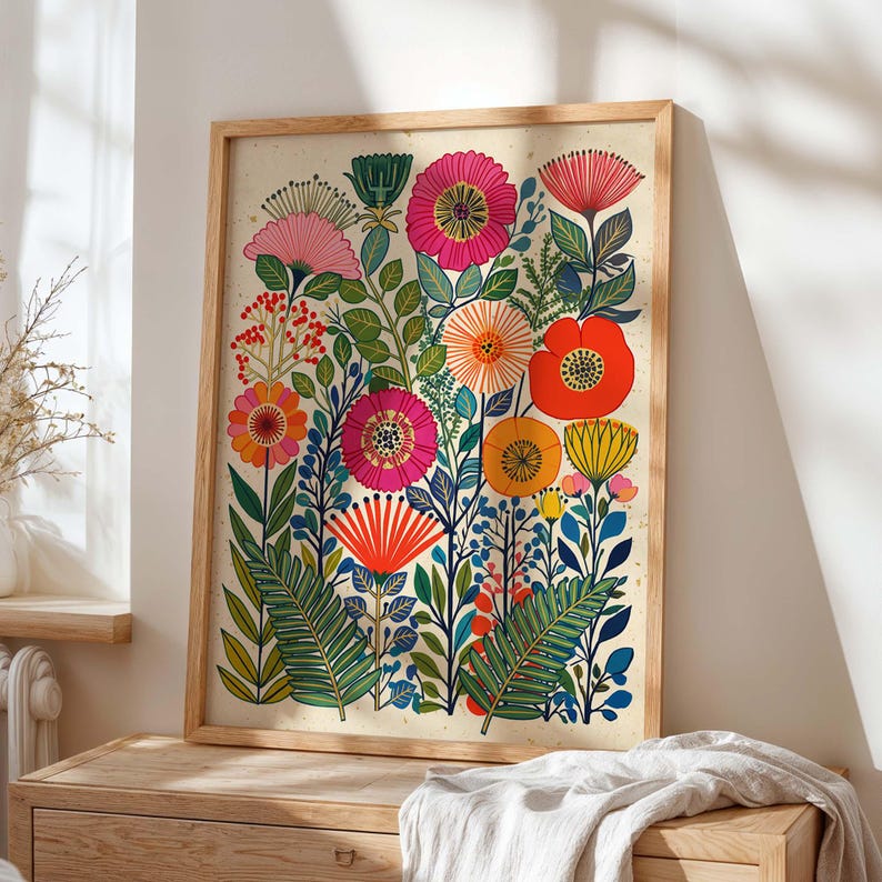 Colorful Floral Scandinavian Folk Art Print, Retro Botanical Poster, Maximalist Garden Artwork