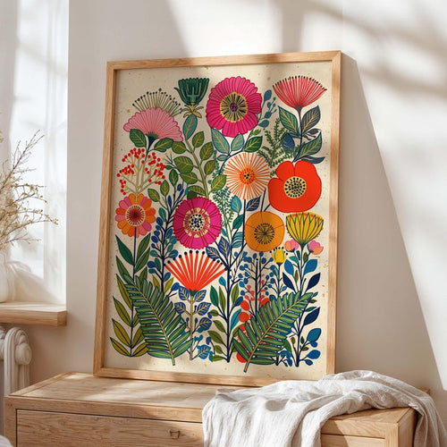 Colorful Floral Scandinavian Folk Art Print, Retro Botanical Poster, Maximalist Garden Artwork
