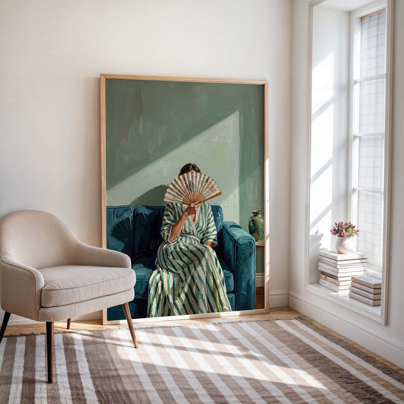 Woman with Fan Wall Art Print, Moody Figurative Poster, Green Blue Lounge Painting, Elegant Modern Interior Decor