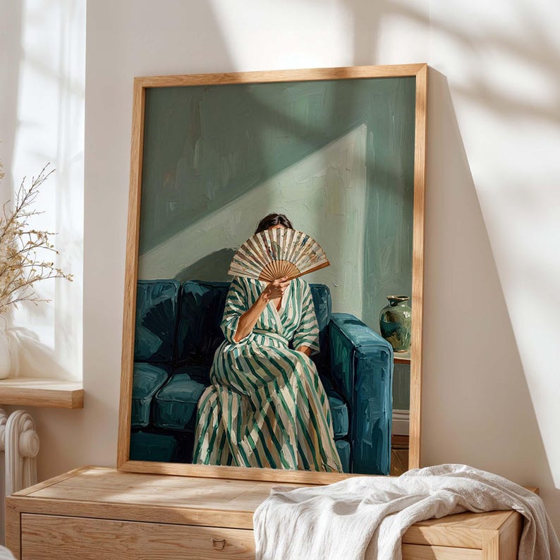 Woman with Fan Wall Art Print, Moody Figurative Poster, Green Blue Lounge Painting, Elegant Modern Interior Decor