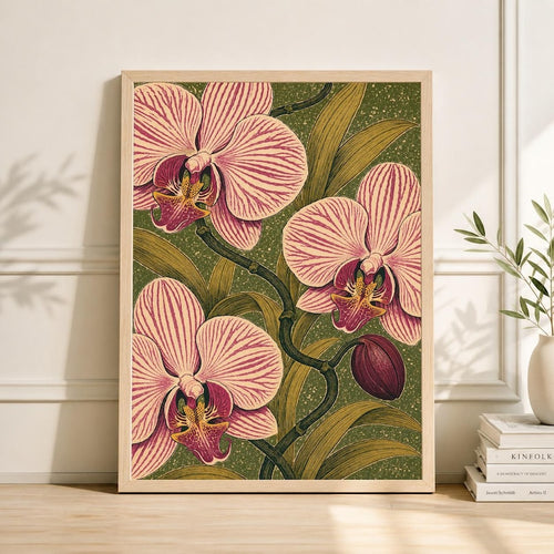 Botanical Orchid Print, Vintage Art Nouveau Floral Wall Art, Pink Magenta Decor