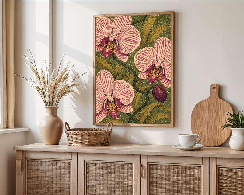 Botanical Orchid Print, Vintage Art Nouveau Floral Wall Art, Pink Magenta Decor