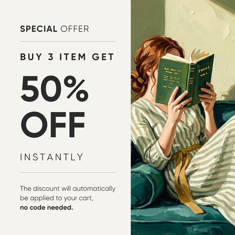 Emerald Green Wall Art | Woman Reading Portrait | Minimalist Abstract Bookish Art | Cozy Contemporary Living Room Decor | Book Nook Gift