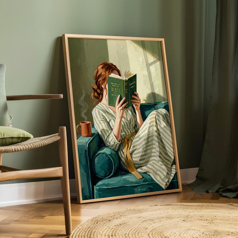 Emerald Green Wall Art | Woman Reading Portrait | Minimalist Abstract Bookish Art | Cozy Contemporary Living Room Decor | Book Nook Gift