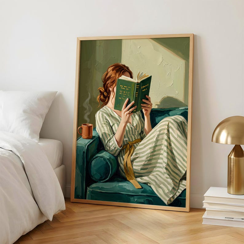 Emerald Green Wall Art | Woman Reading Portrait | Minimalist Abstract Bookish Art | Cozy Contemporary Living Room Decor | Book Nook Gift
