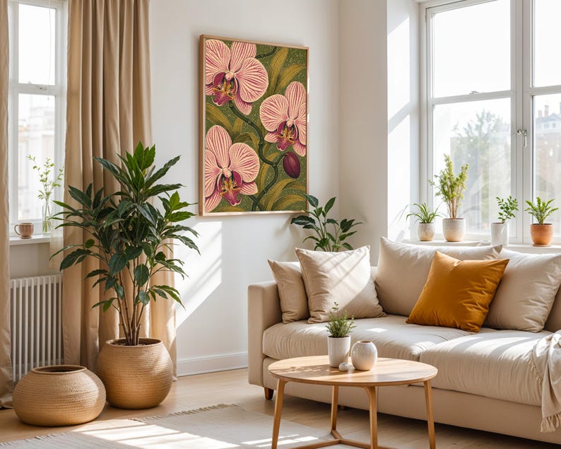 Botanical Orchid Print, Vintage Art Nouveau Floral Wall Art, Pink Magenta Decor