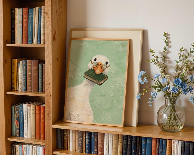 Funny Goose Wall Art Print, Whimsical Animal Reading Book Nook Poster, Cottagecore Goose in Glasses Illustration, Bookish Bookshelf Decor