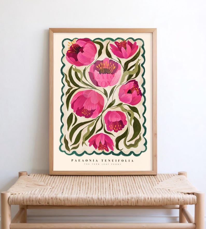 Summer Peony Art Print | Colourful Hand Drawn Floral Wall Art
