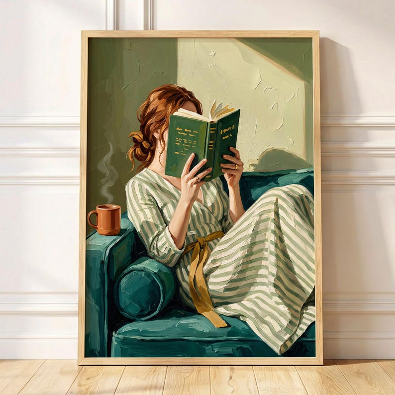 Emerald Green Wall Art | Woman Reading Portrait | Minimalist Abstract Bookish Art | Cozy Contemporary Living Room Decor | Book Nook Gift