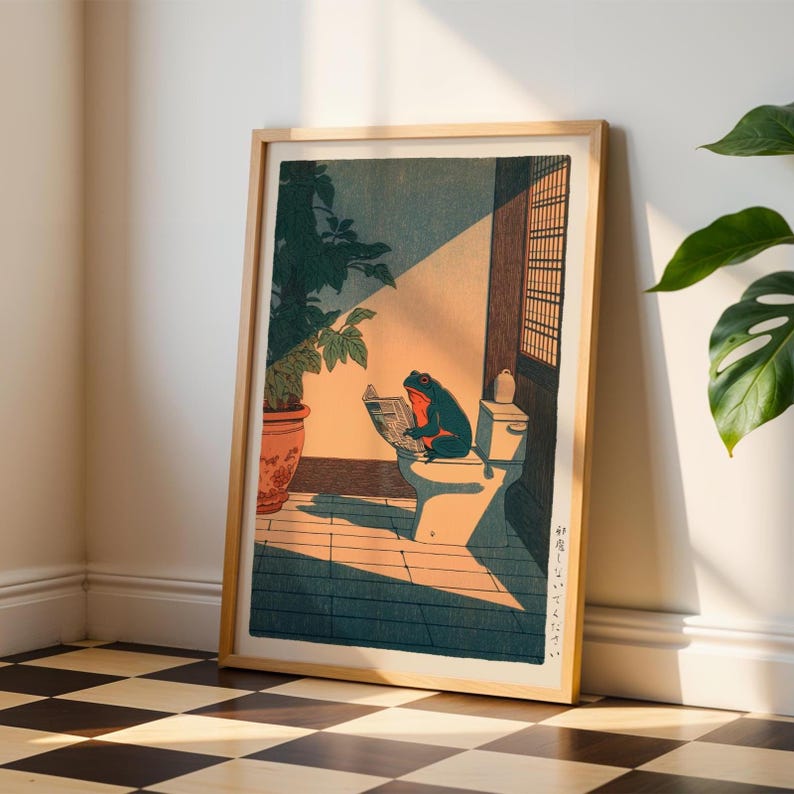 Japanese Frog Print, Frog Bathroom Print, Hasui Kawase Art, Hiroaki Takahashi Style, Japanese Wall Art, Funny Bathroom Wall Art