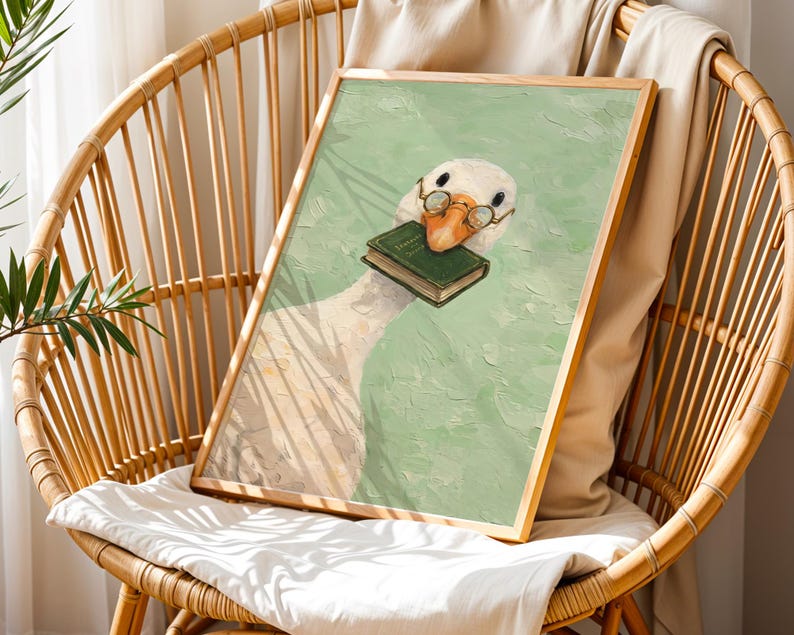 Funny Goose Wall Art Print, Whimsical Animal Reading Book Nook Poster, Cottagecore Goose in Glasses Illustration, Bookish Bookshelf Decor