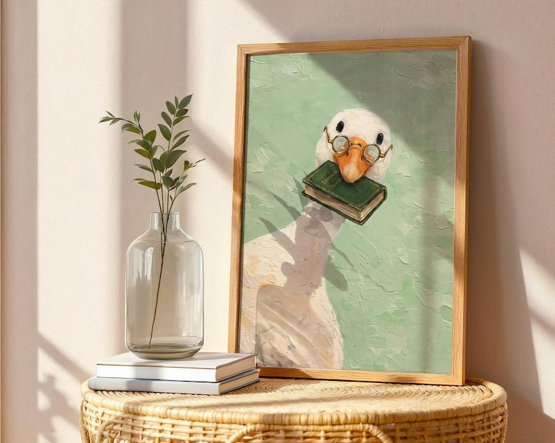 Funny Goose Wall Art Print, Whimsical Animal Reading Book Nook Poster, Cottagecore Goose in Glasses Illustration, Bookish Bookshelf Decor