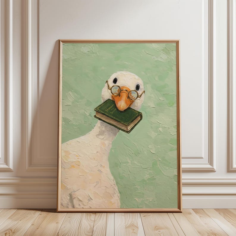 Funny Goose Wall Art Print, Whimsical Animal Reading Book Nook Poster, Cottagecore Goose in Glasses Illustration, Bookish Bookshelf Decor