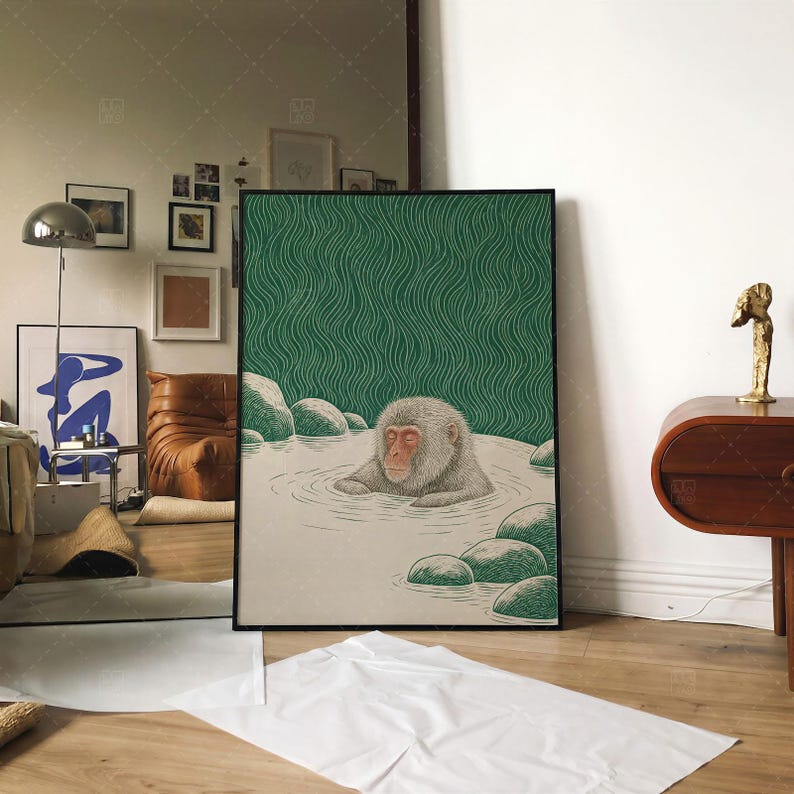 Japanese Snow Monkey Onsen Print, Vintage Woodblock Style Wall Art, Green Macaque Hot Spring Poster, Zen Japandi Home Decor