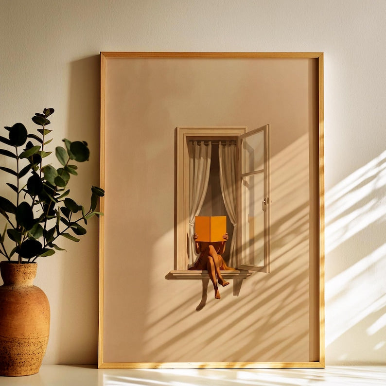 Woman Reading Print, Window Seat Book Poster, Minimalist Wall Art