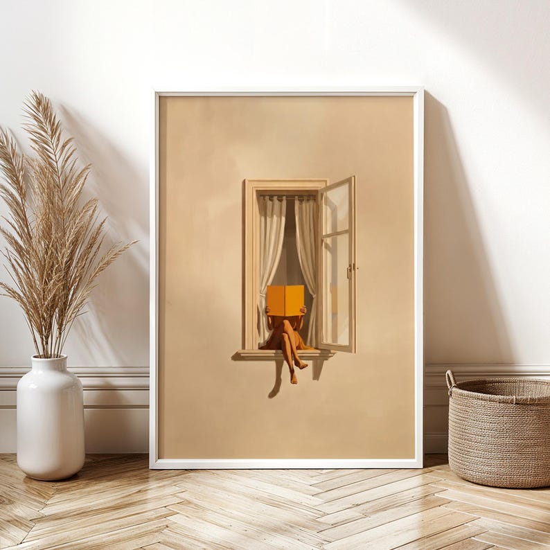 Woman Reading Print, Window Seat Book Poster, Minimalist Wall Art