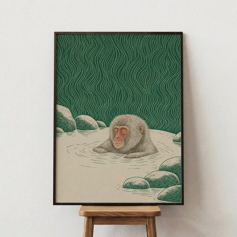 Japanese Snow Monkey Onsen Print, Vintage Woodblock Style Wall Art, Green Macaque Hot Spring Poster, Zen Japandi Home Decor