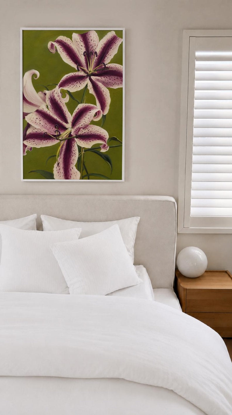 Purple plum and green Lily art print floral Wall Art, Abstract flower Art, lilies poster Funky Art Print, Trendy poster, Botanical Print