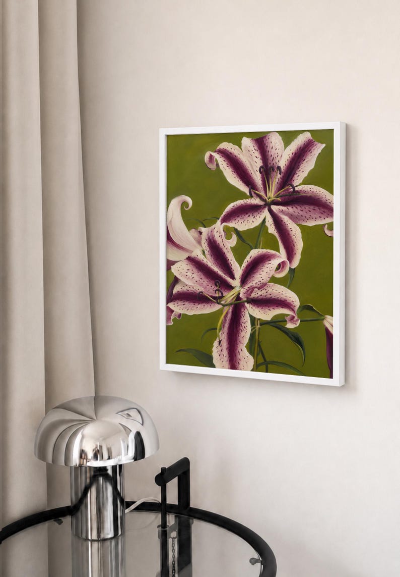 Purple plum and green Lily art print floral Wall Art, Abstract flower Art, lilies poster Funky Art Print, Trendy poster, Botanical Print