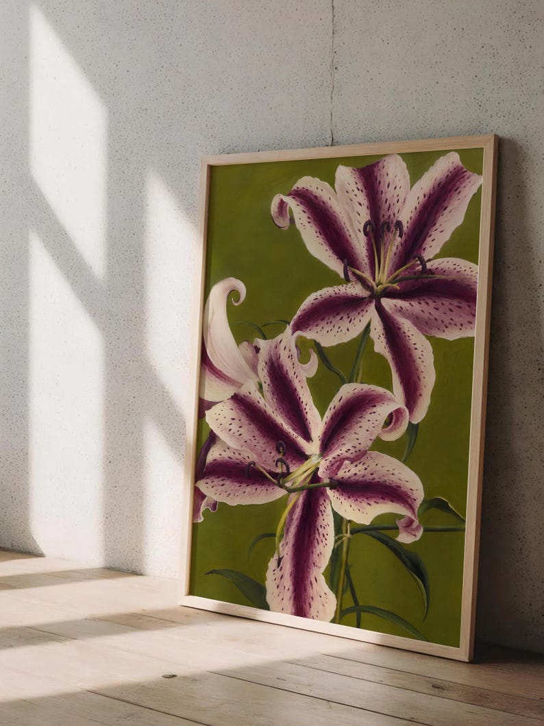Purple plum and green Lily art print floral Wall Art, Abstract flower Art, lilies poster Funky Art Print, Trendy poster, Botanical Print