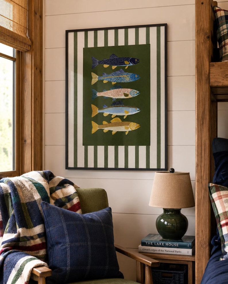 Lake House Fish Wall Art Print, Colorful Trout Poster, Fishing Cabin Decor, Lake Cabin Wall Art, Cottage Fish Print, Nautical Wall Decor