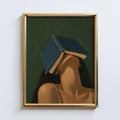 Blue Cover – Book Lover Wall Art Print, Surreal Reading Poster, Moody Feminine Literary Decor on Dark Green