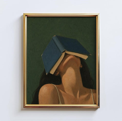 Blue Cover – Book Lover Wall Art Print, Surreal Reading Poster, Moody Feminine Literary Decor on Dark Green