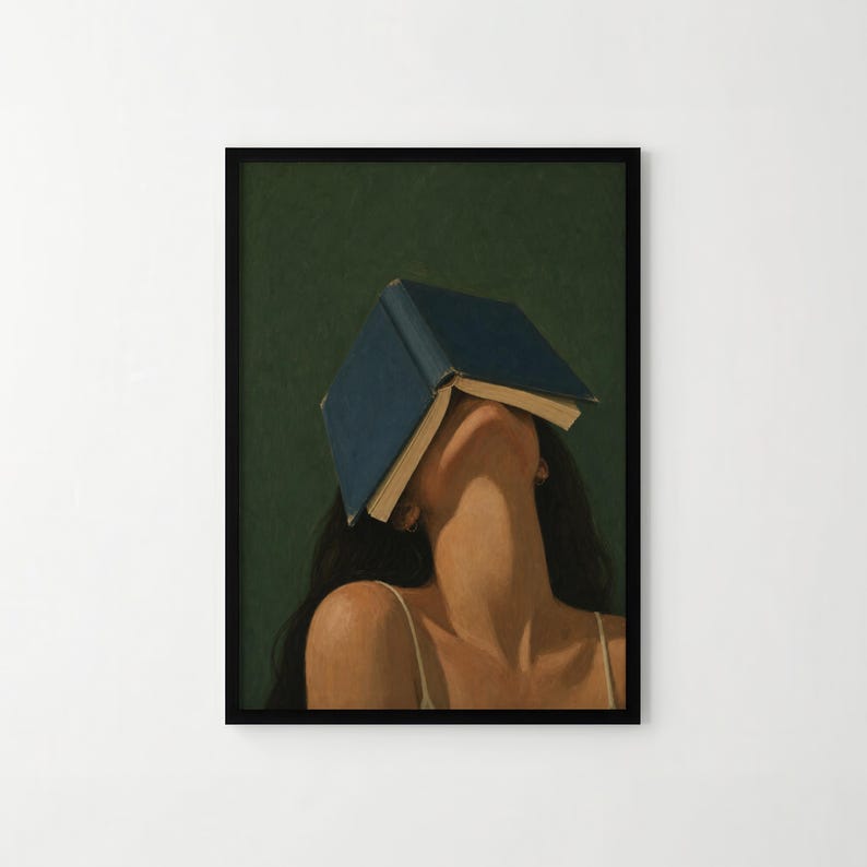 Blue Cover – Book Lover Wall Art Print, Surreal Reading Poster, Moody Feminine Literary Decor on Dark Green