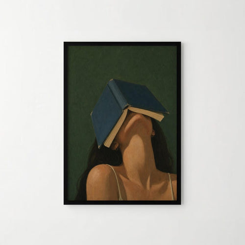 Blue Cover – Book Lover Wall Art Print, Surreal Reading Poster, Moody Feminine Literary Decor on Dark Green