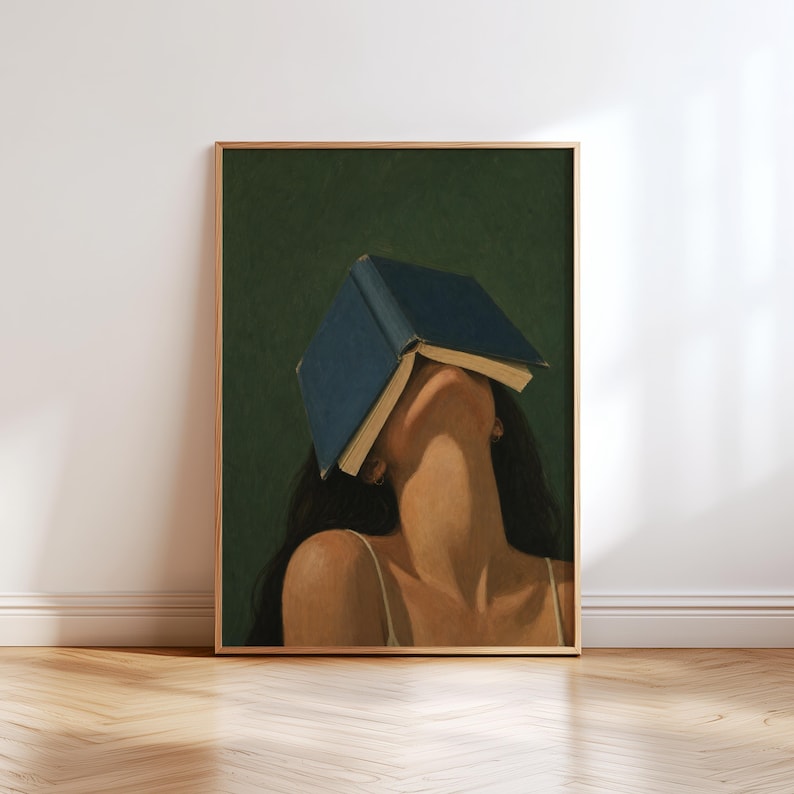 Blue Cover – Book Lover Wall Art Print, Surreal Reading Poster, Moody Feminine Literary Decor on Dark Green