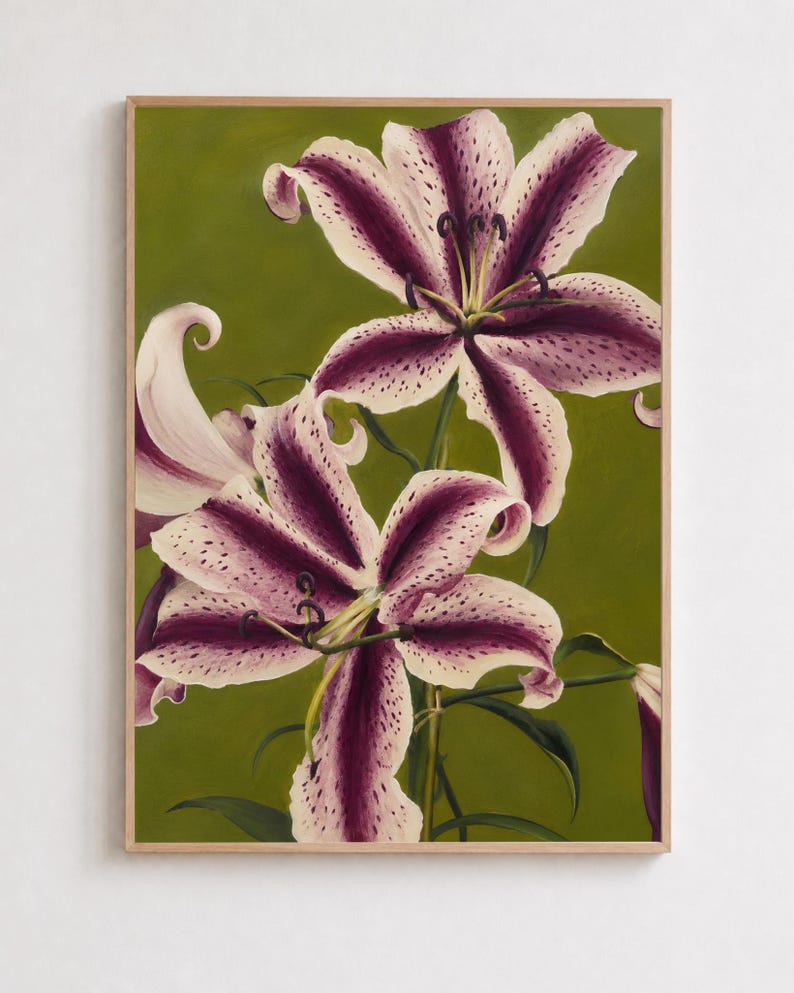 Purple plum and green Lily art print floral Wall Art, Abstract flower Art, lilies poster Funky Art Print, Trendy poster, Botanical Print