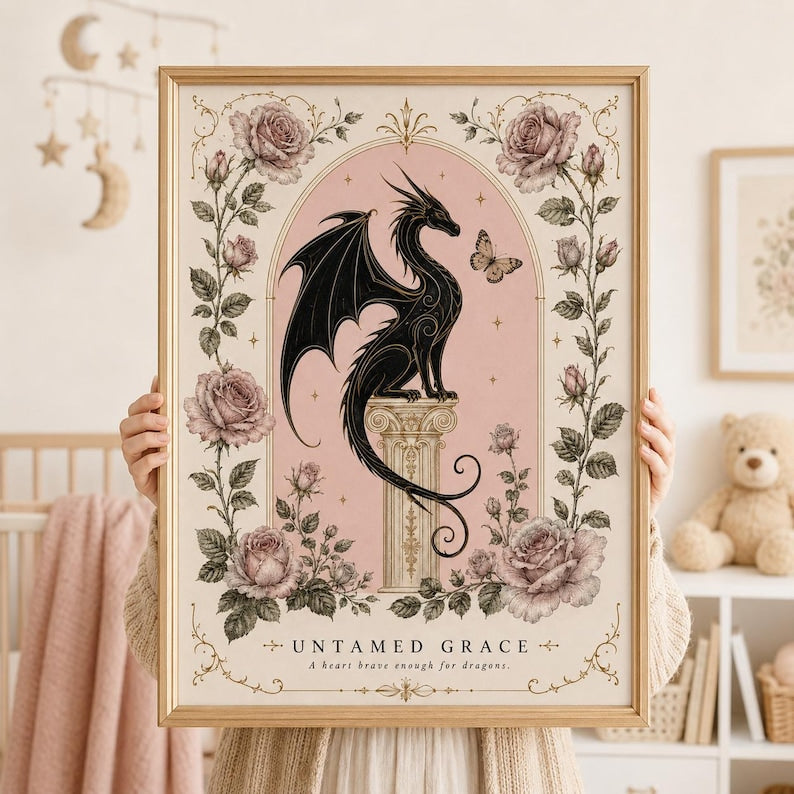 Fantasy Dragon Wall Art, Heart Brave Dragons Quote, Bookish Wall Art, Fantasy Book Readers, Pink Floral Poster, Dragon Lover Gift