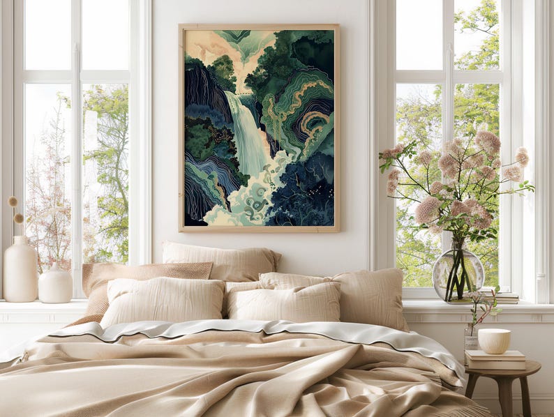 Hokusai Waterfall Fine Art Print, Blue Green Japanese Landscape Home Decor