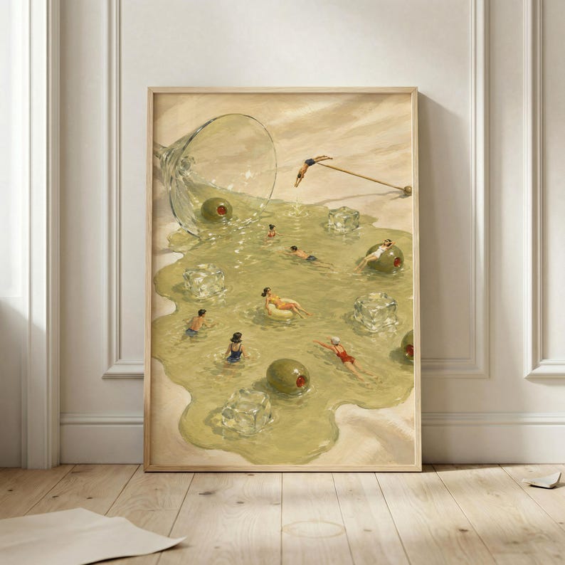 Martini Pool Poster, Tiny Swimmers Cocktail Wall Art, Retro Olive Print