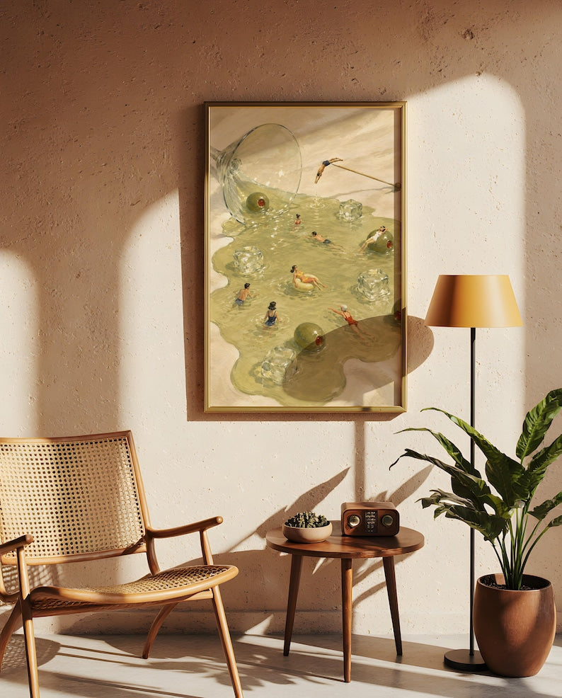Martini Pool Poster, Tiny Swimmers Cocktail Wall Art, Retro Olive Print