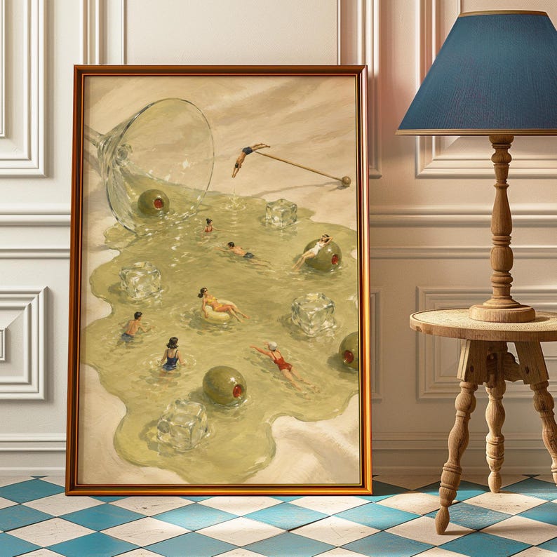Martini Pool Poster, Tiny Swimmers Cocktail Wall Art, Retro Olive Print