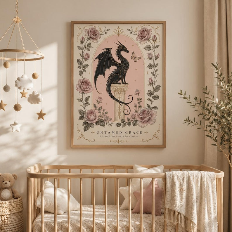Fantasy Dragon Wall Art, Heart Brave Dragons Quote, Bookish Wall Art, Fantasy Book Readers, Pink Floral Poster, Dragon Lover Gift