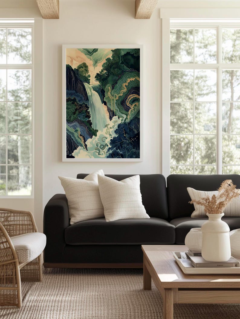 Hokusai Waterfall Fine Art Print, Blue Green Japanese Landscape Home Decor