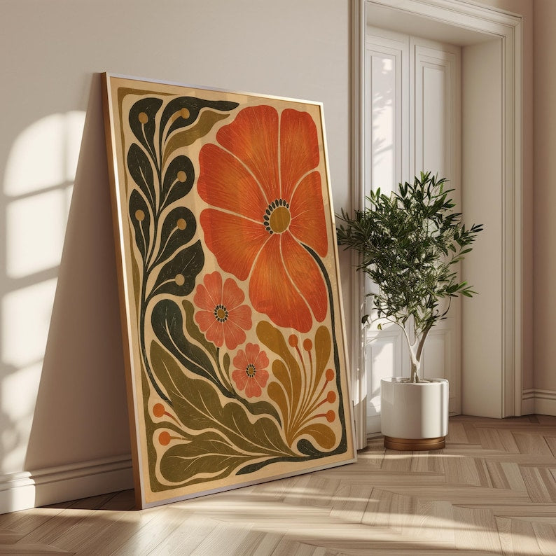 Mid Century Botanical Poster, Retro Floral Wall Art, Scandinavian Folk Garden Print Decor