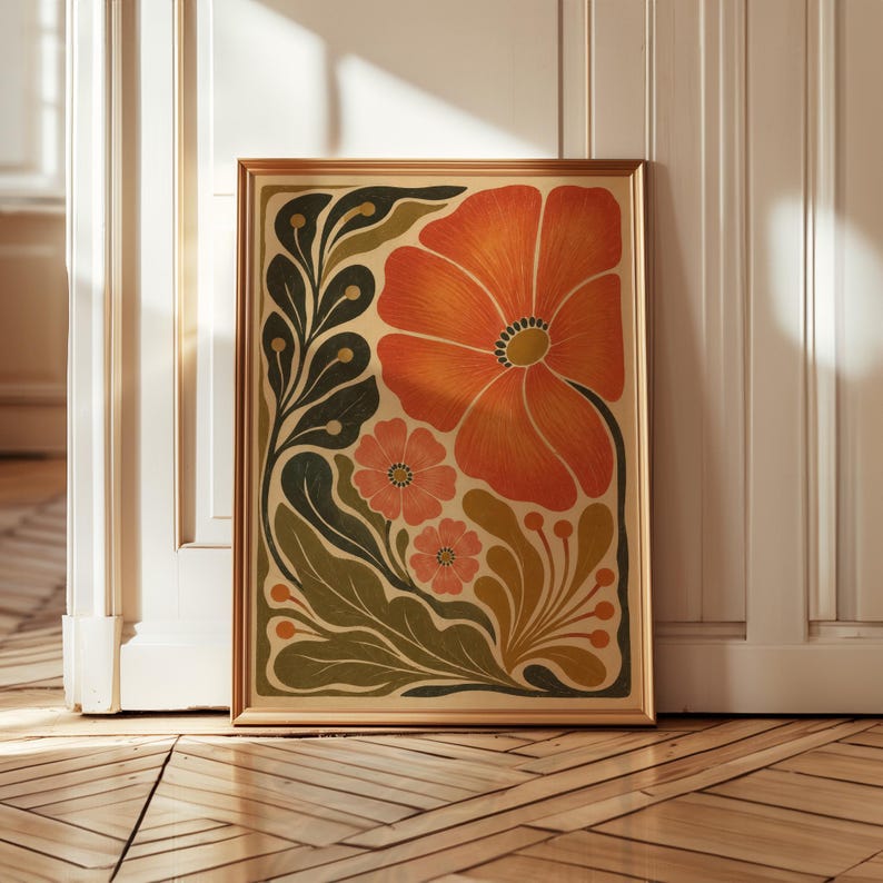 Mid Century Botanical Poster, Retro Floral Wall Art, Scandinavian Folk Garden Print Decor
